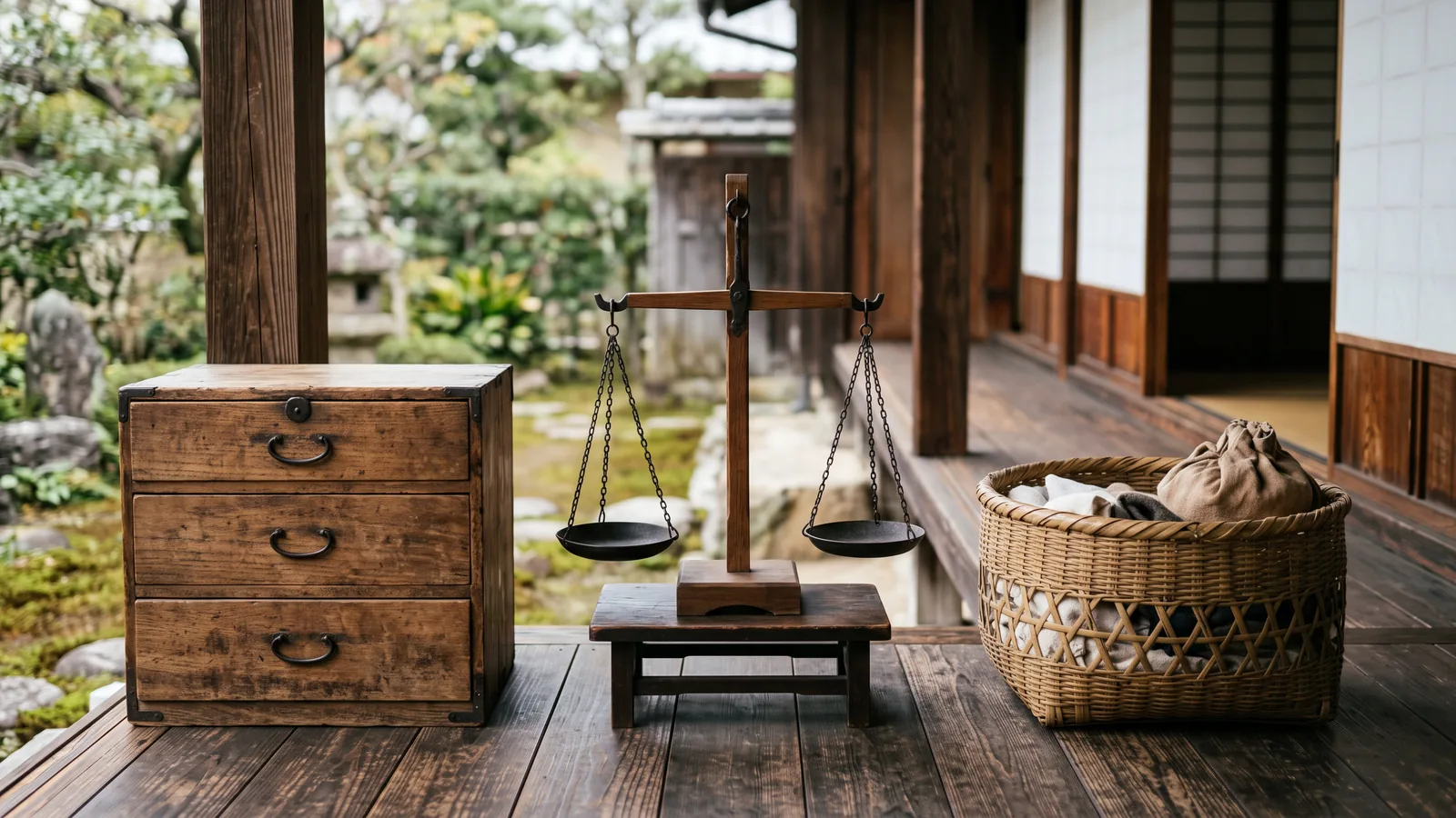 桐の引き出しが並ぶ薬簞笥と天秤、縁側に置かれた籠